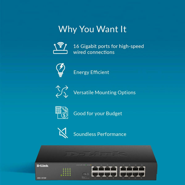 D-Link DGS-1016D 16-Port Green Ethernet Copper Gigabit Switch, Hub, Internet Splitter, Metal, Fanless, Plug and Play - UK Model, black DGS-1016D