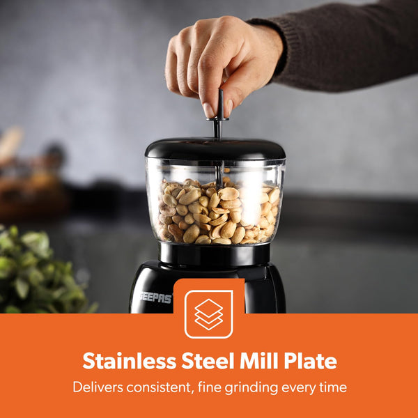 GEEPAS Peanut Butter Maker | Electric Grinder for Peanuts Cashews Almonds Hazelnuts Homemade Nut Butter with No Oils or Preservatives Needed | Transparent 756g Jar 320ml Storage Cup | 2 Year Warranty