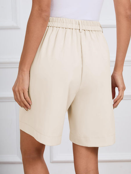 Famulily Women's Solid High Waist Wide Leg Workwear Shorts with Zipper Pocket Knee Length Short Pants Beige L