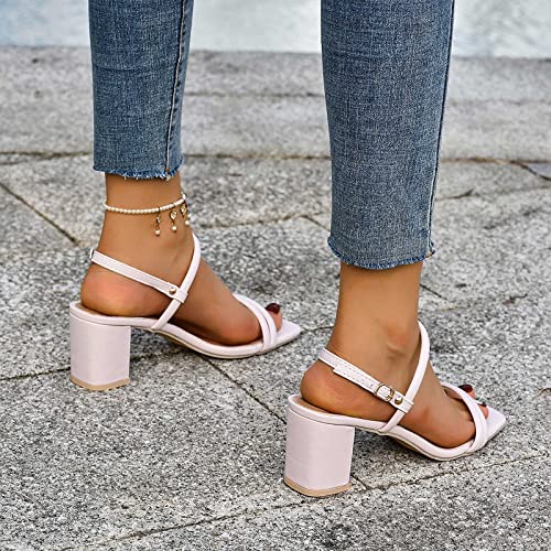 Womens Heel Pump Sandals Ladies Fashion Solid Color Leather Square Head Open Toe Buckle Thick High Heeled Sandals Womens Wedge Sandals Platform Sandals High Heels