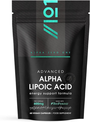 Alpha Lipoic Acid (ALA) 600mg - Made with Biotin & BioPerine® - 60 Vegan Capsules - Potent Amino Acids Supplement - Powerful Antioxidant - Resealable and Recyclable Pouch – by Alpha01