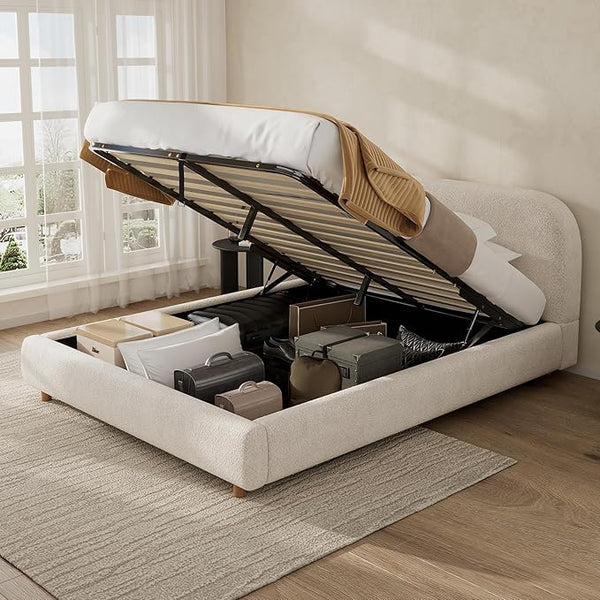 Murphey Ottoman Storage Bed Frame with Arched Headboard, Boucle Upholstered Bed Frame, Round Silhouette Lift-Up Storage Bed with Wooden Slats (BEIGE plush, Super King 6ft with Orthopaedic Mattress)