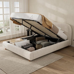 Murphey Ottoman Storage Bed Frame with Arched Headboard, Boucle Upholstered Bed Frame, Round Silhouette Lift-Up Storage Bed with Wooden Slats (BEIGE plush, Super King 6ft with Orthopaedic Mattress)