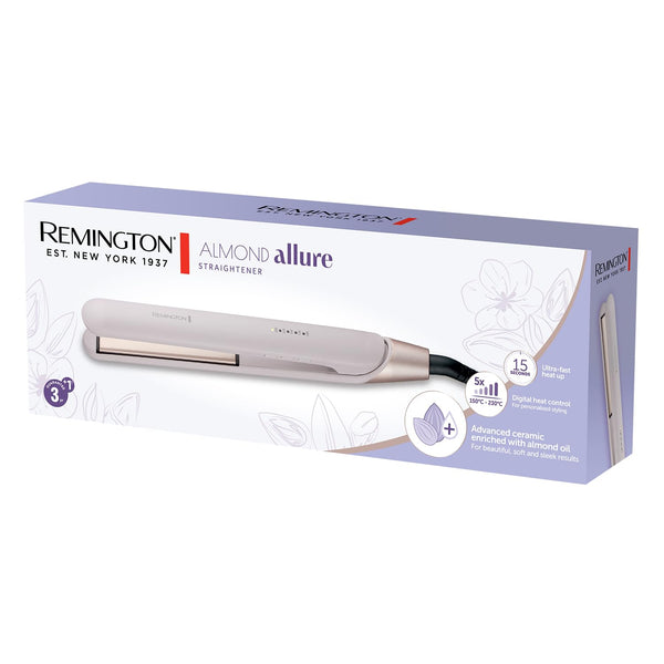 Remington Straightener [Advanced Ceramic + Almond Oil] Almond Allure (Ultra-Fast Heat Up, Digital Temperature Control, Curved Design for Curls & Waves, Extra-Long Plates, Worldwide Voltage) S4807