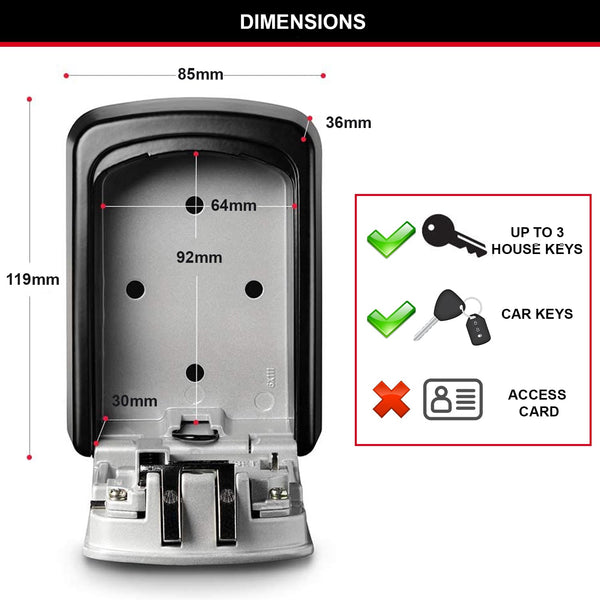 MASTER LOCK Key Safe Wall Mounted, Medium 85 x 119 x 36 mm, Outdoor, Mounting Kit, for Home Office Industries Vehicles, Black & Silver