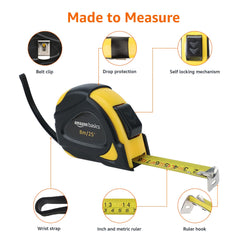 Amazon Basics Self-Locking Tape Measure, Metric Scale, MID Accuracy, 10 m (1-Pack), Black, Yellow