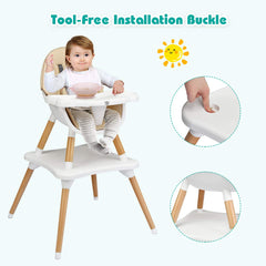 COSTWAY 4 in 1 Convertible High Chair, Multi-Functional Dining Highchair with Adjustable Legs, Detachable 4-Position Tray, 5-Point Seat Belt, Wooden Feeding Chair for Baby, Infants, Toddlers (Khaki)