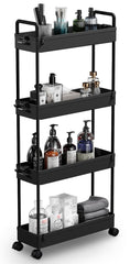 SOLEJAZZ 4-Tier Storage Trolley Cart Slide-out Slim Rolling Utility Cart Mobile Storage Shelving Organizer for Kitchen, Bathroom, Laundry Room, Bedroom, Narrow Places, Plastic, Black