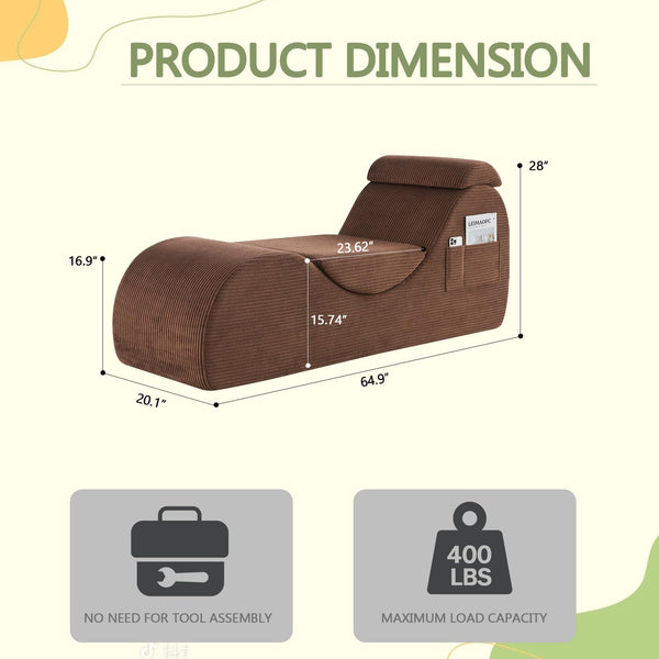 Yoga Chair Lounge for Adult, Ergonomic Chaise Lounge Chair with Side Pocket, Headrest, Waist Pad, Perfect for Stretching, Massage, and Relaxation, Used in Living Room, Bedroom（Brown）