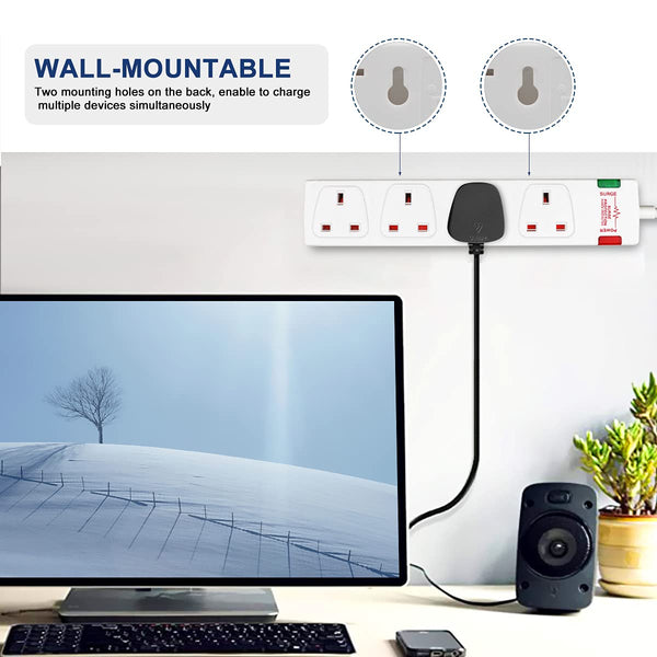 ExtraStar 4 Way Extension Lead with Surge Protection, 13A/250V~ Multi Sockets Power Strips, 3120W Fused UK Plug Wall Mounted Power Socket with 5M Extension Cord-White