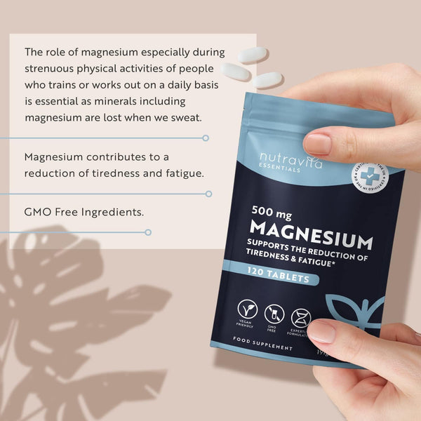 Magnesium Supplements 500mg - 120 Vegan High Strength Tablets – 4 Month Supply – Supports Muscle Function, Tiredness, Energy, Bones, Nervous System - Letterbox Friendly - UK Made - Nutravita