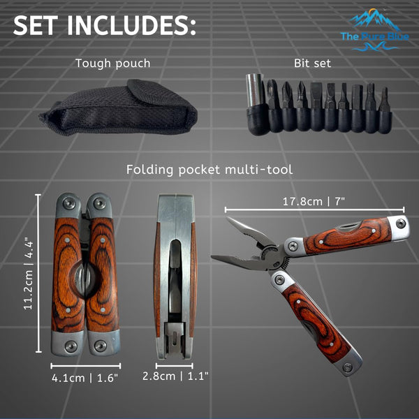 Rosewood Multi Tool, 22 in 1 Tools, Tough Belt Pouch, Needle & General Pliers, Wirecutter, Screwdrivers - Phillips & Flathead, 10 Piece Bit Set, File, 2 Inch Rule, Can Opener, Bottle Opener