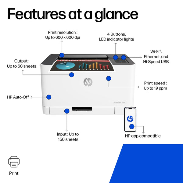 HP Colour Laser 150nw Wireless Printer | White | Easy mobile printing with the app | World’s smallest colour laser in its class | USB 2.0 high speed connectivity | Speeds up to 18/4 ppm in A4