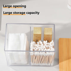 SVOCK Clear Acrylic Cotton Wool Holder 3 Compartment Cotton Bud Holder with Wood Lid, Qtips Holder Dispenser Bathroom Jars with Lid, bathroom essentials Square-Shaped (Clear)