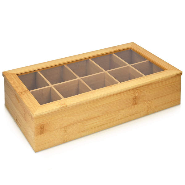 Navaris Bamboo Tea Box - Chest Organiser with 10 Compartments for Tea Bags - Wooden Case Container with Transparent Lid for Individual Tea Bag Storage