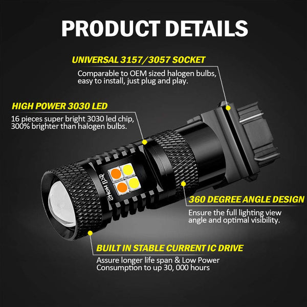 AUXLIGHT 3157 4157 3155 3457 Switchback LED Bulbs 16SMD Chipsets Parking Lights/Daytime Running Lights/DRL and Turn Signal Lights with Projector Replacement, White/Amber (Pack of 2)