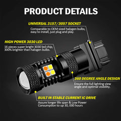 AUXLIGHT 3157 4157 3155 3457 Switchback LED Bulbs 16SMD Chipsets Parking Lights/Daytime Running Lights/DRL and Turn Signal Lights with Projector Replacement, White/Amber (Pack of 2)