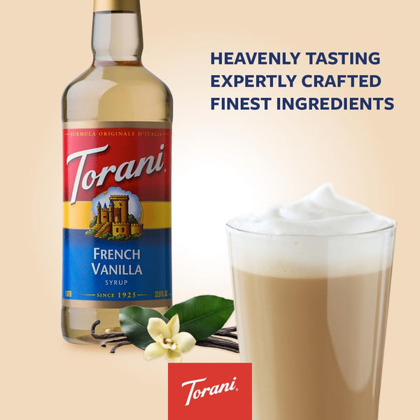 Torani French Vanilla Coffee Syrup (750ml) – Premium Cane Sugar French Vanilla Syrup for Coffee, Lattes, Hot Chocolate & Protein Shakes – Rich, Creamy & Delicious – Ideal for Drinks and Desserts