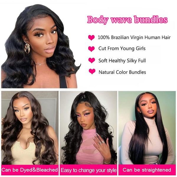 Body Wave Bundles Human Hair Bundles 10A Grade 100% Unprocessed Brazilian Virgin Hair Bundles Body Weave Wavy Bundles Human Hair (10 12 14)