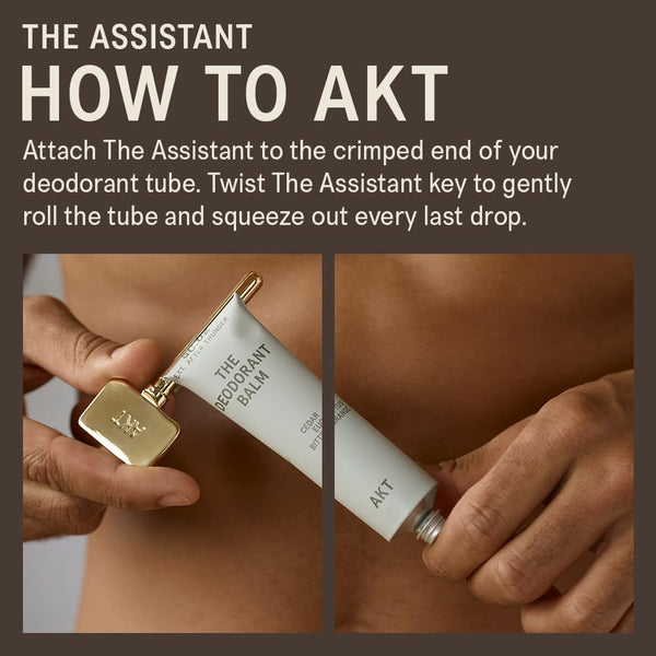 AKT, THE ASSISTANT. Tube squeezer key — The key to ZERO WASTE. 100% PLASTIC FREE & RECYCLABLE — Squeeze out every last drop of your NATURAL DEODORANT BALM from AKT LONDON