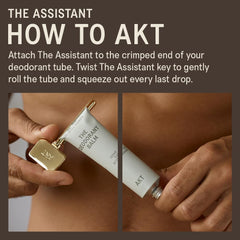 AKT, THE ASSISTANT. Tube squeezer key — The key to ZERO WASTE. 100% PLASTIC FREE & RECYCLABLE — Squeeze out every last drop of your NATURAL DEODORANT BALM from AKT LONDON