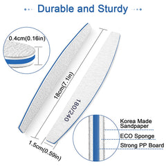 BLESWIN Professional Nail File Set, 12Pcs Double-Sided Nail Files, 180/240 Grit, Washable and Reusable, Natural Color, Eco-friendly Sponge + Plastic (PP) Material