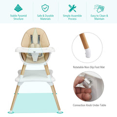 COSTWAY 4 in 1 Convertible High Chair, Multi-Functional Dining Highchair with Adjustable Legs, Detachable 4-Position Tray, 5-Point Seat Belt, Wooden Feeding Chair for Baby, Infants, Toddlers (Khaki)