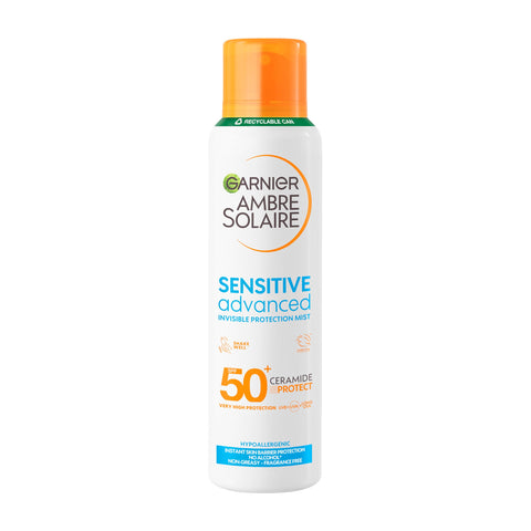 Garnier Ambre Solaire Sun Spray SPF 50+ (150ml) Sensitive Advanced Dry Mist Spray, Water Resistant & Non Greasy Sunscreen, Fragrance Free, UVA & UVB Protection