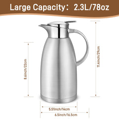 Osrioal 2.3L Thermal Coffee Carafe with Press Button Top, Stainless Steel Insulated Coffee Pot, Double-Walled Vacuum Jug, Thermal Jug Dispenser, for Hot and Cold Drinks, Silver