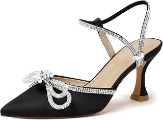 Women's Closed Toe Rhinstone Wedding Low Heel Slingback Clear Kitten Heels,Adjustable Strap Pointed Toe Bow Pumps High Heeled Prom Dress Shoes