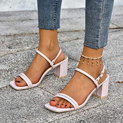 Womens Heel Pump Sandals Ladies Fashion Solid Color Leather Square Head Open Toe Buckle Thick High Heeled Sandals Womens Wedge Sandals Platform Sandals High Heels