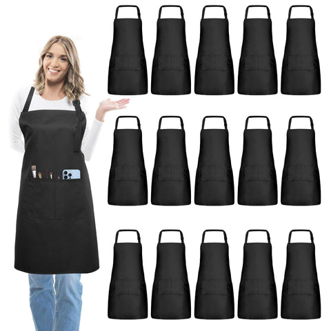 IMERAGO 15 Pcs Adult Aprons Bulk with Pockets Adjustable Bib Chef Apron for Women Men Painting Cooking Crafting (S/L), Black, L (waist 30'' to 42'')