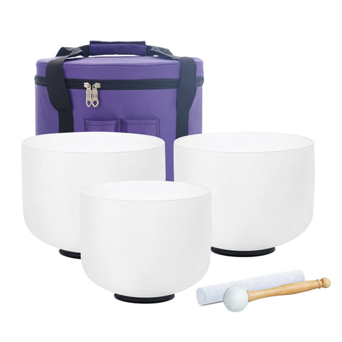 KVKA 440hz 10D 8G 6B Set of 3pcs Chakra Frosted Quartz Crystal Singing Bowl 6-10 inch with case （10"D 8"G 6"B)