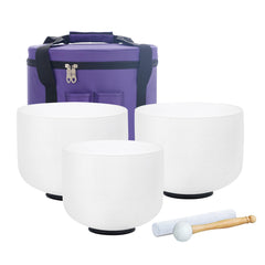 KVKA 440hz 10D 8G 6B Set of 3pcs Chakra Frosted Quartz Crystal Singing Bowl 6-10 inch with case （10"D 8"G 6"B)