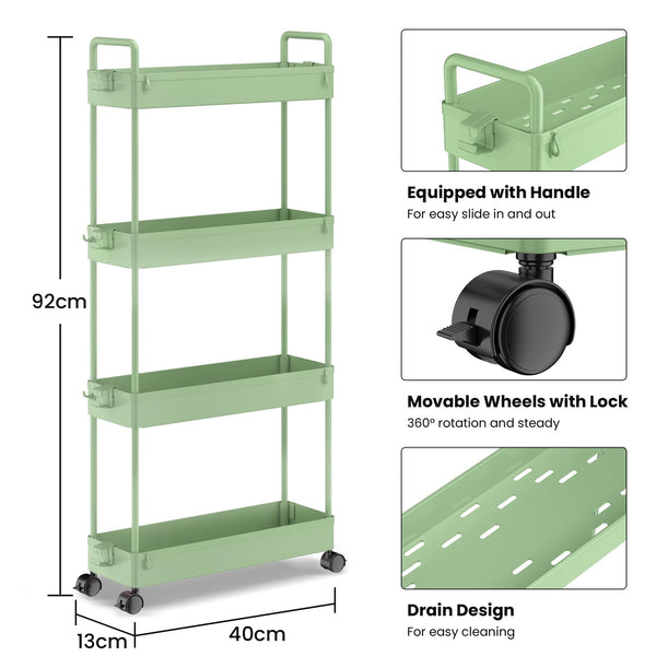 SOLEJAZZ 4-Tier Storage Trolley Cart Slide-out Slim Rolling Utility Cart Mobile Storage Shelving Organizer for Kitchen, Bathroom, Laundry Room, Bedroom, Narrow Places, Plastic, Green