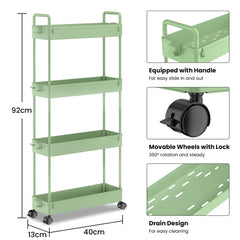 SOLEJAZZ 4-Tier Storage Trolley Cart Slide-out Slim Rolling Utility Cart Mobile Storage Shelving Organizer for Kitchen, Bathroom, Laundry Room, Bedroom, Narrow Places, Plastic, Green