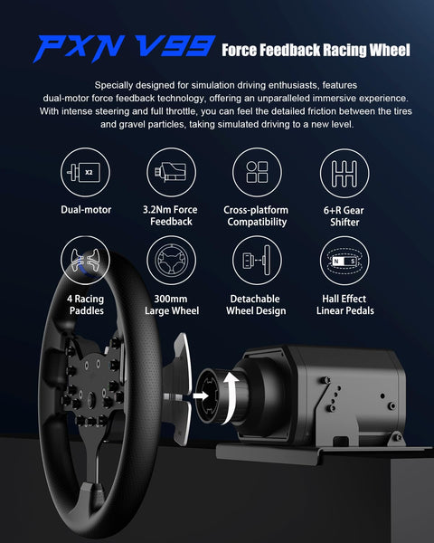 PXN V99 Gaming Steering Wheel, Driving Force Feedback Steering Wheel with Pedals and Shifter - 3.2NM, 270°&900°, 11.8 inch, 4 Paddle Shifters, Tools APP - Racing Steering Wheel for PC, Xbox and PS4