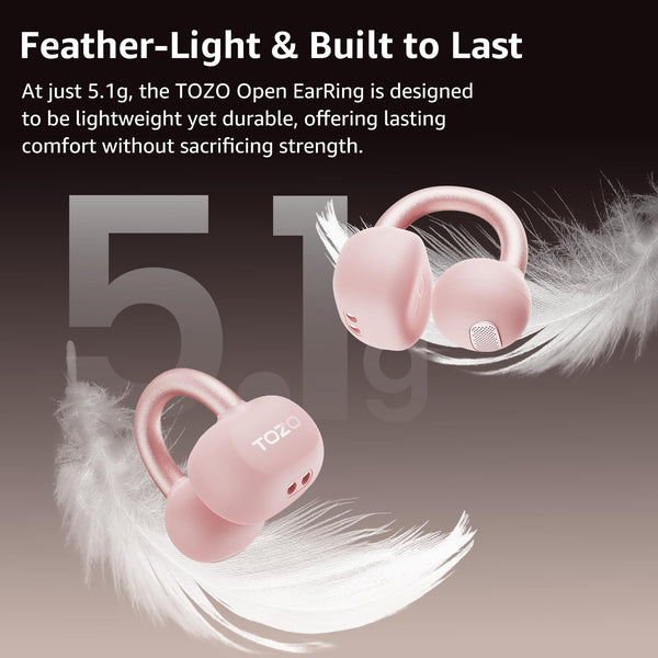 TOZO OpenEarRing Open Ear Headphones, Clip On Earphones, Lightweight Comfort, Wireless Open Ear Earbuds with Smart Digital Display, 40H Playtime, IPX5 Waterproof, Bluetooth 5.4, Custom EQ (Pink)