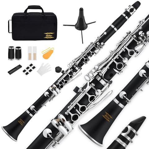 Eastar B Flat Clarinet for Beginner, Ebonite Clarinet Nickel-plated with 2 Barrels, 3 Reeds, White Gloves, Hard Case, Cleaning Kt, ECL-300