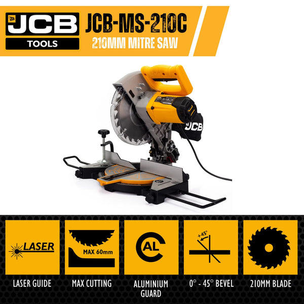 JCB 210mm Mitre Saw with Laser Guide, 4 Cut Settings & Dust Collection Feature, 45 Degrees, 5500rpm, Soft Grip Handle, 3 Year Warranty