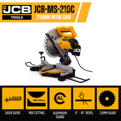 JCB 210mm Mitre Saw with Laser Guide, 4 Cut Settings & Dust Collection Feature, 45 Degrees, 5500rpm, Soft Grip Handle, 3 Year Warranty