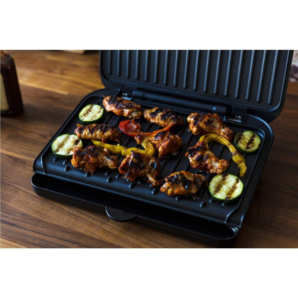 George Foreman Medium Electric Fit Grill [Non stick, Healthy, Griddle, Toastie, Hot plate, Panini, BBQ, Energy saving, Vertical storage, Easy clean, Drip tray, Ready to cook light] Black, 1630W 25810