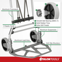 ATHLON TOOLS Aluminium Foldable Hand cart - Smooth-Running Wheels with Soft treads - incl. 2 Expanding Cords (Hand truck heavy)