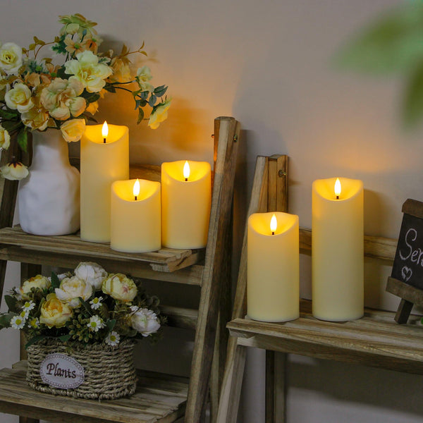 Wroxipel Flameless Flickering Ivory Plastic Pillar LED Candles with 10 Keys Remote, Battery Operated 3D Wick Automatic Timer (7,5cm x10 12,5 15 17,5 20cm)