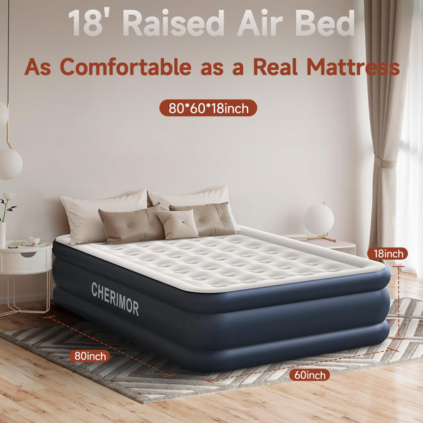 CHERIMOR Air Mattress with Built in Pump, 18 inch High Thicken Durable Queen Inflatable Mattress for Guests & Home, 3 Mins Inflatable, Waterproof Blow up Mattress with Carry Bag, Air Bed for Camping