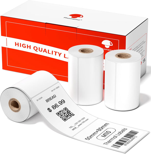 Memoqueen Labels Paper for Phomemo M110/M120/M200/M220 Label Maker, Self-Adhesive Rectangle Labels, 3 Rolls 1.97"x 3.15"(50x80mm) Thermal Sticker Label Paper for Kitchen, Office, Study, 100labels/roll