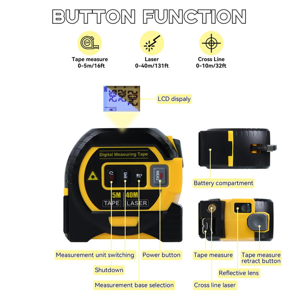 SUNHAIXIA Laser Tape Measure 3-in-1 with Large LCD Display | Digital Laser Measurement Tool in/ft/m Scales up to 131ft/40M with calculations | Tape Measure 16ft/5M and Cross Line Laser (Yellow)