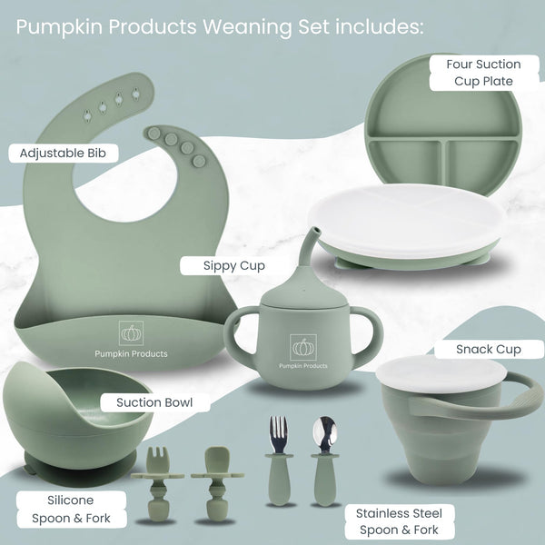 Pumpkin Products® Silicone Baby Weaning Set. Baby & Toddler. Four Suction-Cup Plate, Suction Bowl, Adjustable Bib, Weaning + Stainless Spoon & Fork Sets, Sippy Cup, Collapsible Snack Cup (Sage Green)