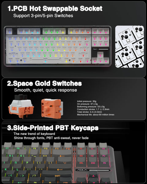 AULA F87 Pro Wireless Mechanical Keyboard,Tri-Mode BT5.0/2.4GHz/USB-C Hot Swappable Custom Keyboard,Pre-lubed Switches,Side Printed PBT Keycaps,75% TKL RGB Backlit Gaming Keyboards