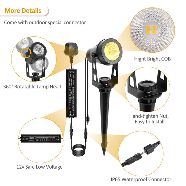 ECOWHO Garden Spotlights Mains, 21m Extendable Outdoor Spike Lights 12V LED Pathway Lighting IP65 Waterproof Electric Garden Uplighter for Path Yard Patio (18W 6-Packs Warm White), Wall/Spike Mounted